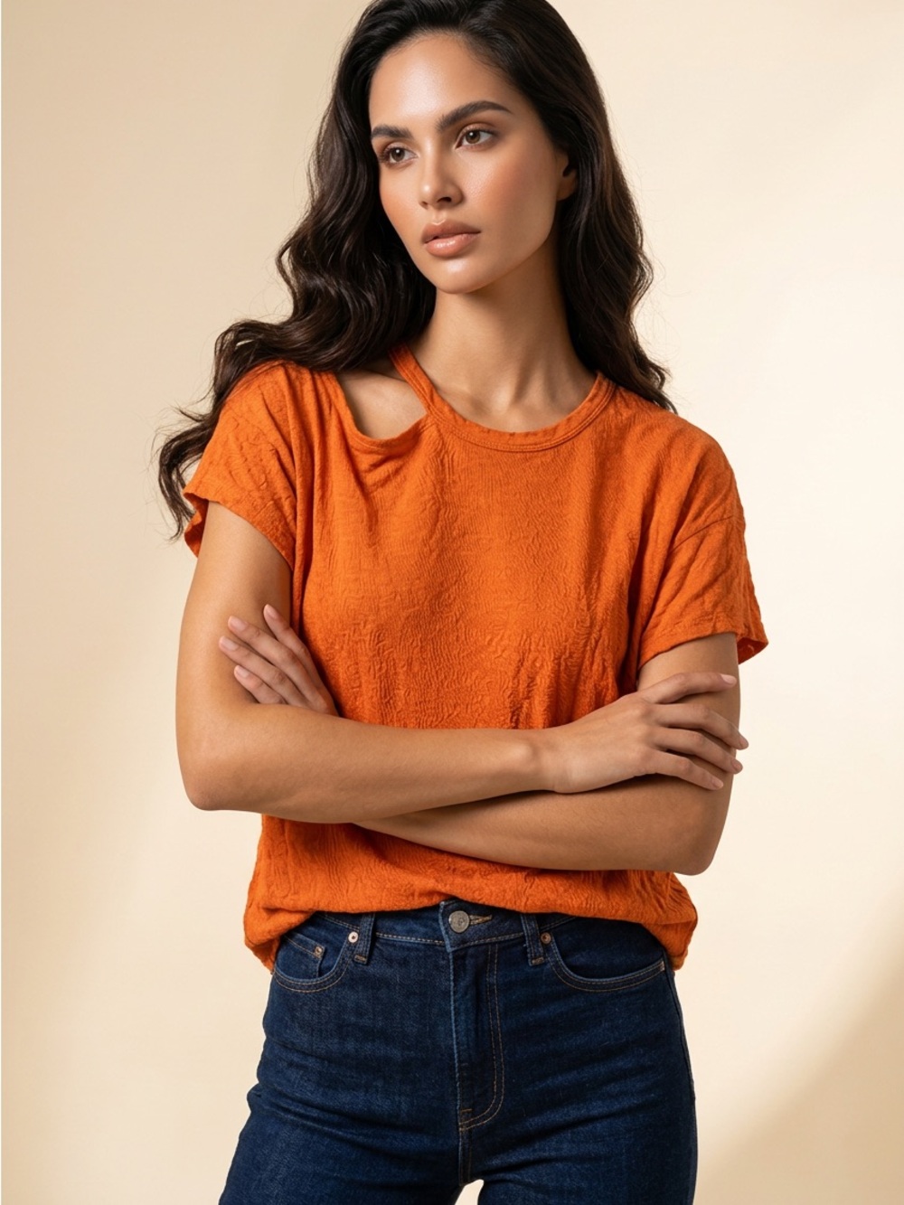 Stateside Orange Asymmetrical Shoulder Cutout Slub Knit Tee